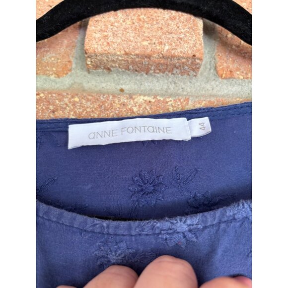 Anne Fontaine Evita Navy Blue Cotton Lace 3/4 Sleeve Blouse Embroidered Design - Picture 5 of 11